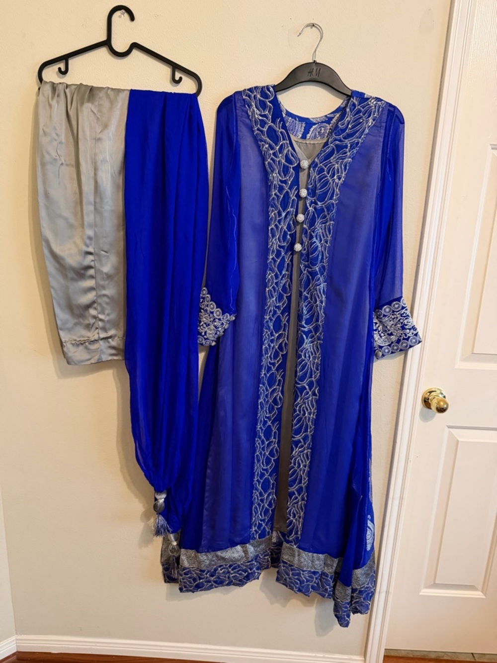 Embroidered Royal Blue Ethnic Coat Dress with Silver Accents